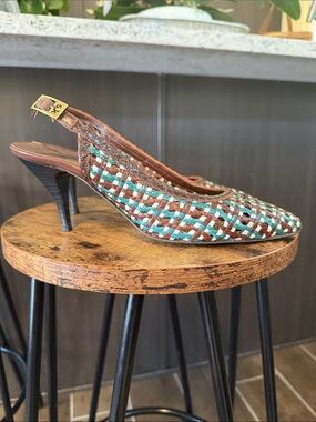 Stephane Kelian Brown and Turquoise Leather Woven Slingback Heels